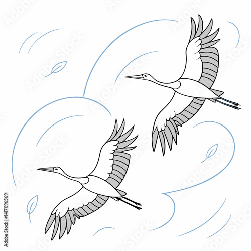 Two Stork Birds Flying Together Vector Illustration With Sky Elements And Leaves