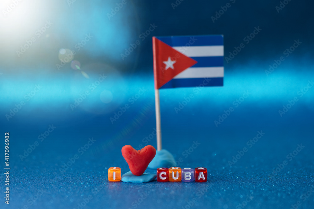 Colorful representation of Cuba with a flag, heart symbol, and letter blocks illustrating a love for the country