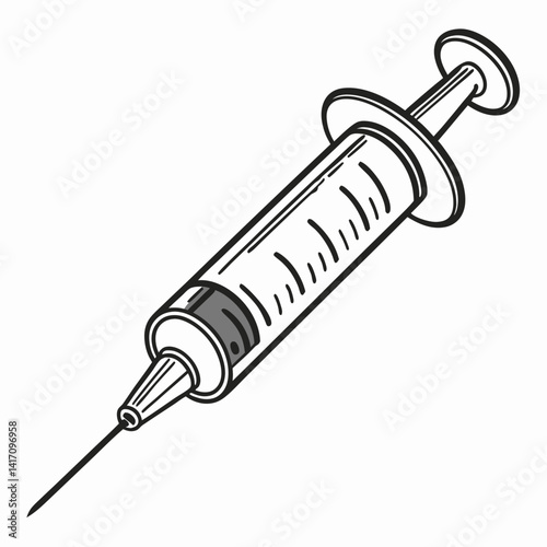 Black And White Line Art Of Medical Syringe For Injections And Vaccination