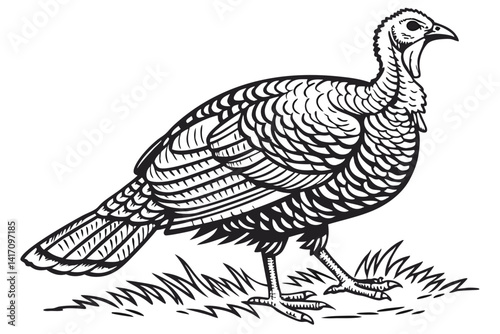40 Black and white illustration, detailed turkey drawing, woodcut style, engraving technique, intricate feather texture, side profile, fanned tail feathers, vintage wildlife art, high contrast, fine l