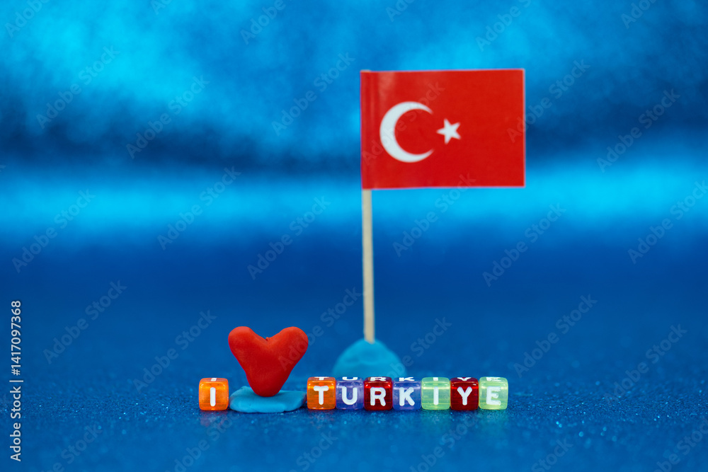 Colorful display of love for Turkey with heart and flag against vibrant blue background