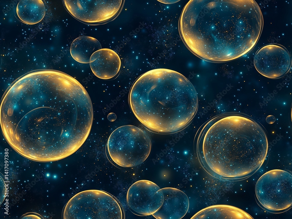Bubbles floating in a cosmic environment with bright stars and dark space, seamless background Bubbles floating in a cosmic environment with bright stars and dark space, seamless background