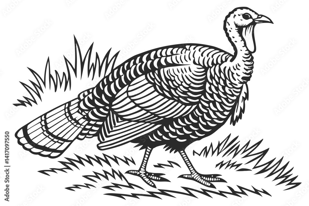40 Black and white illustration, detailed turkey drawing, woodcut style, engraving technique, intricate feather texture, side profile, fanned tail feathers, vintage wildlife art, high contrast, fine l 40 Black and white illustration, detailed turkey drawing, woodcut style, engraving technique, intricate feather texture, side profile, fanned tail feathers, vintage wildlife art, high contrast, fine l