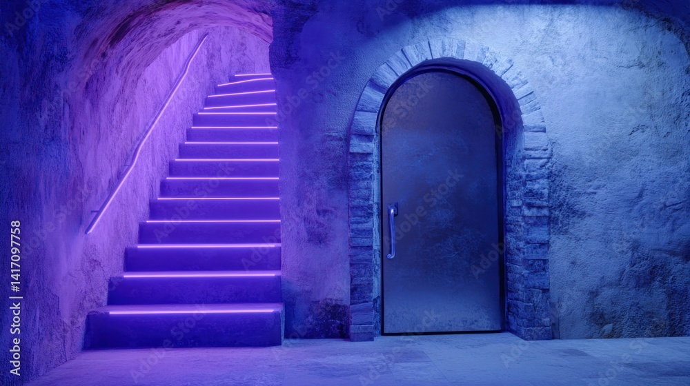 Fototapeta premium Neon stairs, arched doorway, cave-like interior
