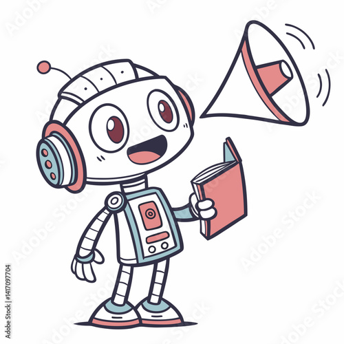 Cute Cartoon Robot Reading A Book And Speaking Through A Megaphone