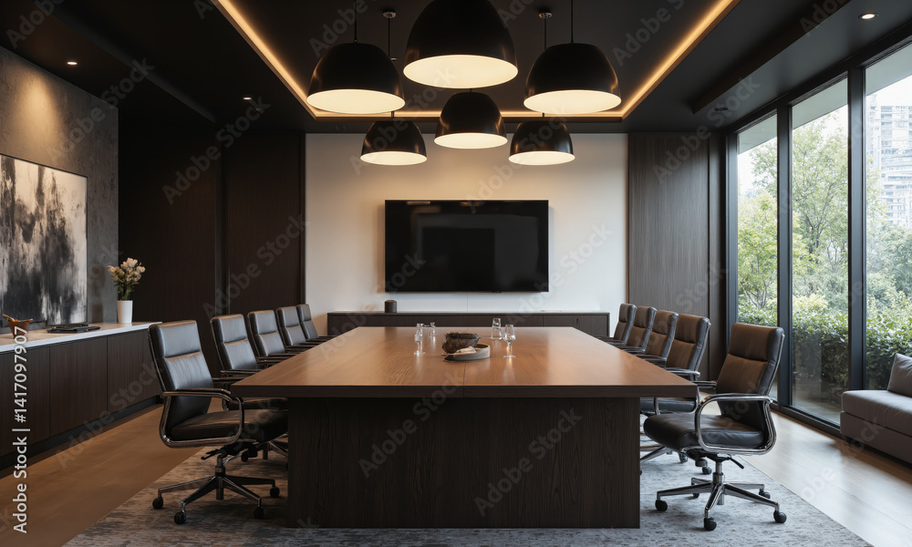 Contemporary executive boardroom with dark walnut table, leather chairs, and soft pendant lighting. Include a large presentation screen for virtual Contemporary executive boardroom with dark walnut table, leather chairs, and soft pendant lighting. Include a large presentation screen for virtual