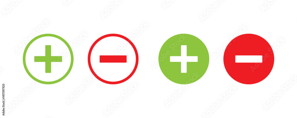 plus and minus icon set, positive and negative symbol set, colourful plus and minus math sign set, addition and subtraction sign set png and vector illustration on transparent background