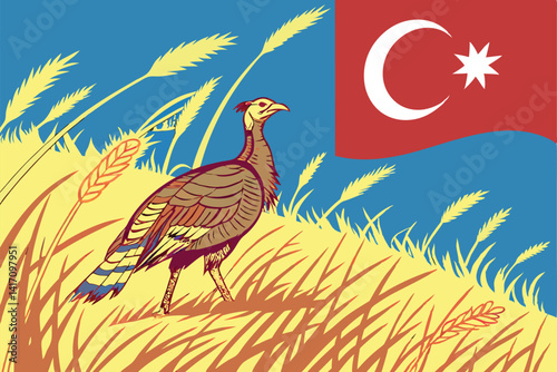 41 Surreal painting, turkey bird, Turkish flag, wheat field, blue sky, realistic details, vibrant colors, patriotic symbolism, oil painting style, dramatic lighting, golden grass, red and white flag, 