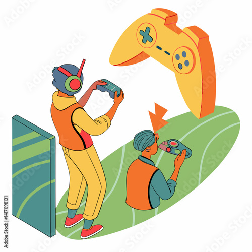 Colorful Isometric Illustration Of People Gaming With Controllers And Retro Vibes