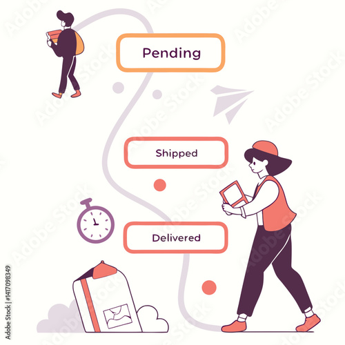 Online Order Delivery Status With People And Process Stages Vector Illustration