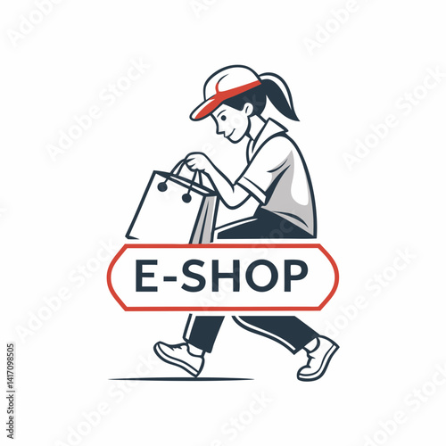 Woman With Shopping Bag Symbolizing Online Shopping Business Vector Illustration