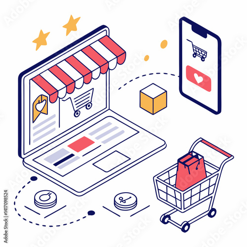 Isometric Online Shopping Illustration With Laptop Mobile And Cart Featuring Digital Commerce
