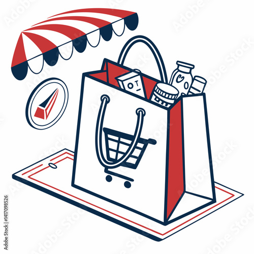 Supermarket Shopping Bag Filled With Products On A Mobile Tablet Under Awning