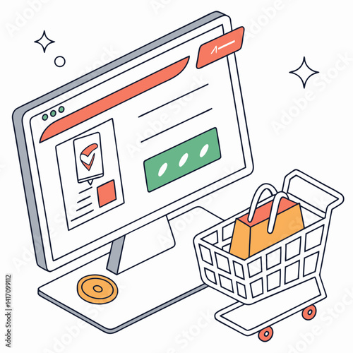 Isometric Illustration Of Online Shopping With Computer And Cart Concept