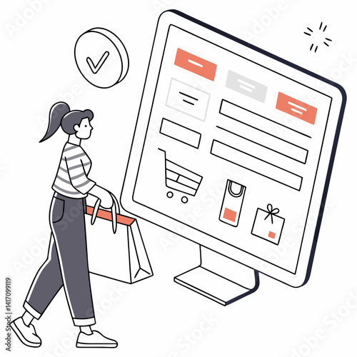 Woman With Shopping Bag Makes Online Purchase Using Computer Monitor
