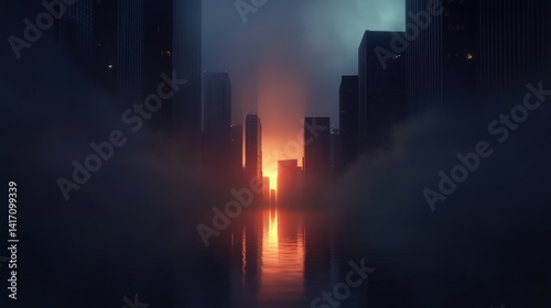 Sunset Over a Futuristic Cityscape with Reflective Water