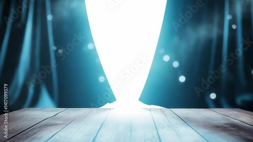 Blue Light Streaming Through Dark Curtains onto Wooden Floor, Creating Bright Doorway and