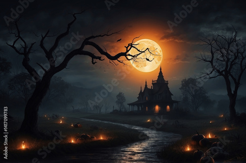 A haunted house stands under a huge full moon on a dark Halloween night with pumpkins.