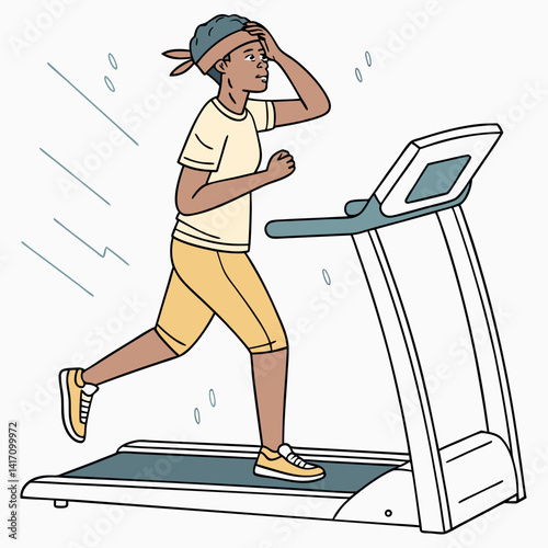 Exhausted Woman Working Out On Treadmill Feeling Tired And Sweaty Illustration