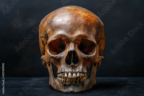 Frontal studio shot showcases a human skull with teeth