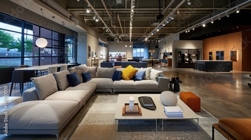 A contemporary furniture showroom with the latest in modern design, interactive layout tools, and a spacious setting