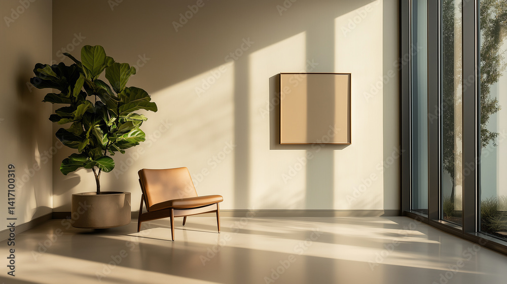 Fototapeta premium Elegant interior design featuring minimalist furniture, a potted plant, and natural light in a modern space