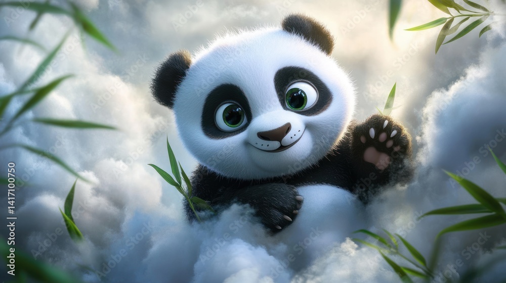 Adorable Panda Cub in a Dreamy Cloud Landscape