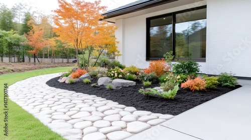 Modern home exterior with a meticulously landscaped backyard featuring a curved pathway of white stones, vibrant fall foliage, and various flowering plants