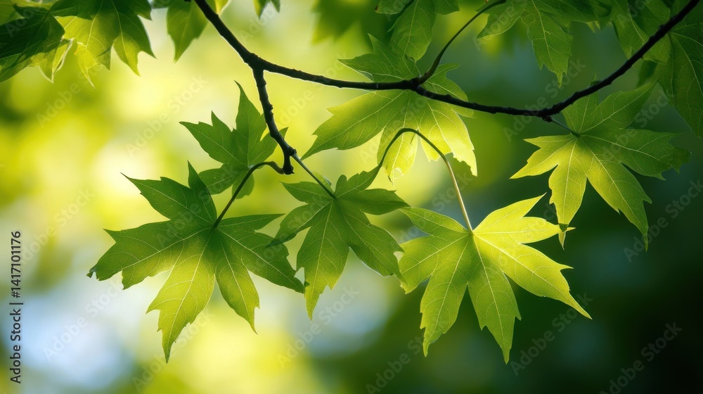 Vibrant green leaves on branch in sunlight Vibrant green leaves on branch in sunlight