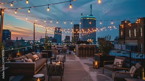 A corporate rooftop terrace for events with stunning city views and upscale decor