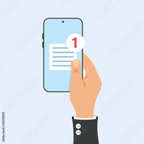 Hand holds phone with notifications icon in flat style. Smartphone with new notice vector illustration on isolated background. Reminder message sign business concept.