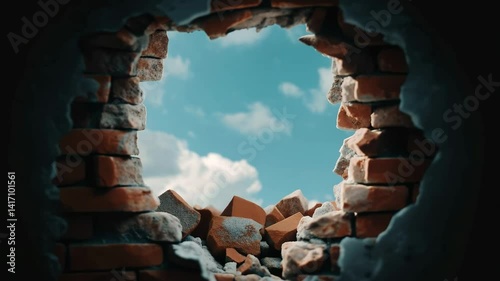 Looking through Hole in Brick Wall Blue Sky and Clouds Breakthrough Landscape with Falling Pieces