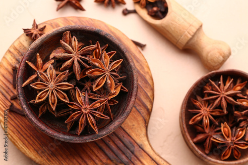 Fototapeta Naklejka Na Ścianę i Meble -  Composition with aromatic spices on color background