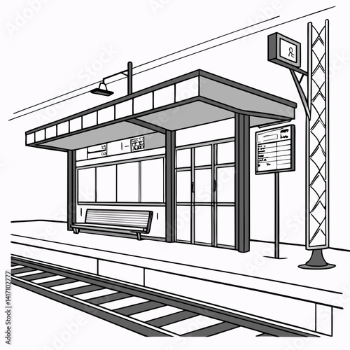 Subway Station Platform With Bench Rail Tracks And Signage Vector Illustration