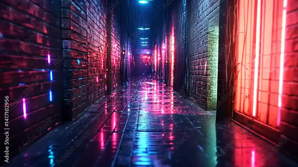 Neon-lit alleyway reflecting rain in urban setting