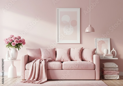 Pink living room decor with couch flowers and artwork in monochrome pink color scheme interior design