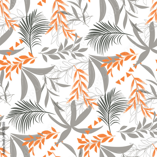 design textile art, gray and orange floral leaf pattern