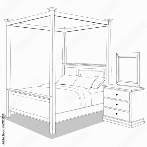Illustration Of Canopy Bed And Nightstand With Drawers And Mirror Sketch