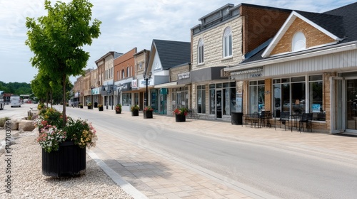 Fototapeta Naklejka Na Ścianę i Meble -  Main street in small town features brick buildings, greenery, colorful flowers, and an American flag flying in bright sunshine
