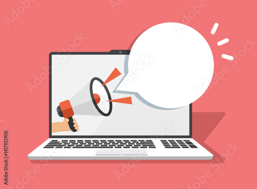 Laptop notification icon in flat style. Computer vector illustration on isolated background. Megaphone reminder sign business concept.
