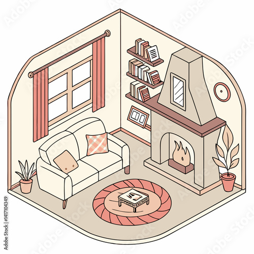 Isometric Cozy Living Room Interior With Fireplace And Bookshelves