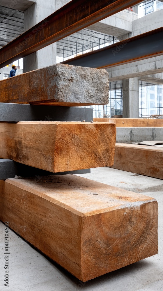 Steel beams arranged in a construction site background, showcasing preparations for a new building structure Steel beams arranged in a construction site background, showcasing preparations for a new building structure