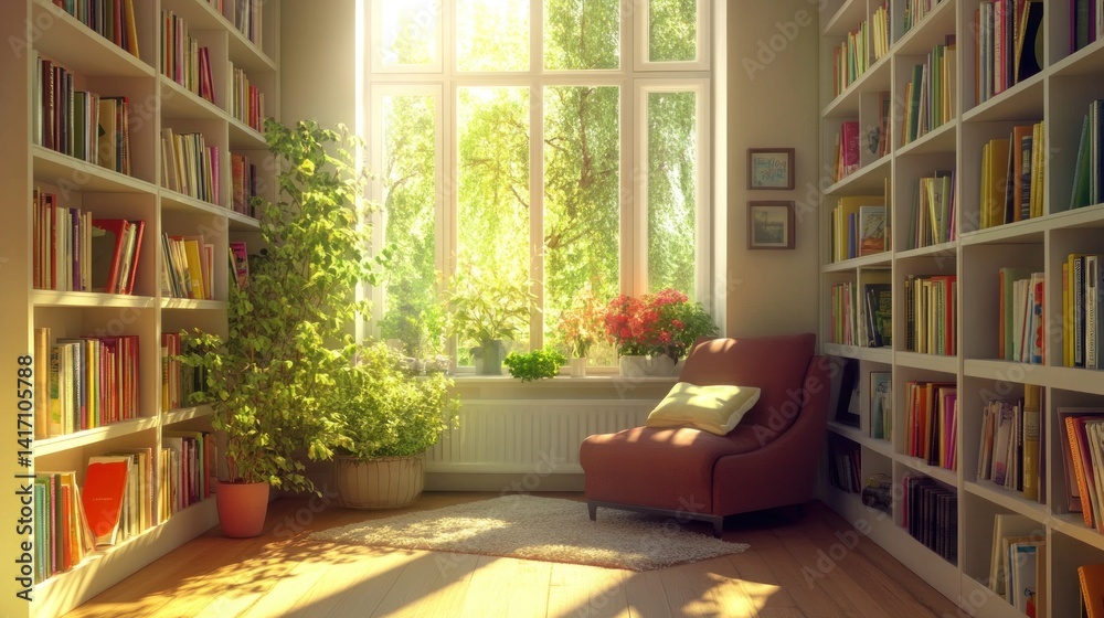 Fototapeta premium Sunny Reading Nook Filled with Books