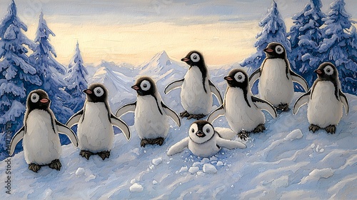 A group of penguins waddles through a snowy landscape.
