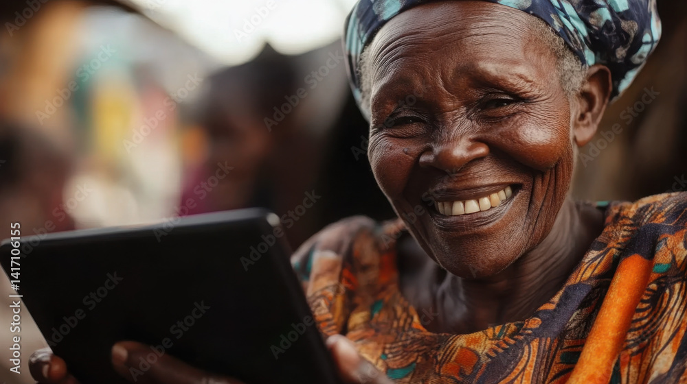 Fototapeta premium Close-up of an elderly couple, both smiling and enjoying their time using a tablet together