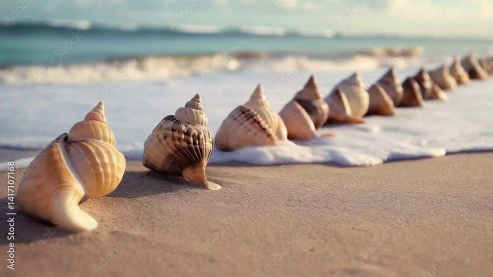 A row of conch shells lined up on the beach with ocean waves in the background at daytime scene