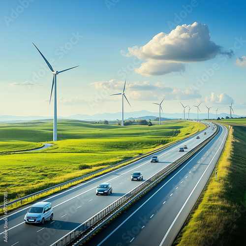 Wind turbine on road. Clean and renewable energy, an aerial view of a wind farm for electricity generation.