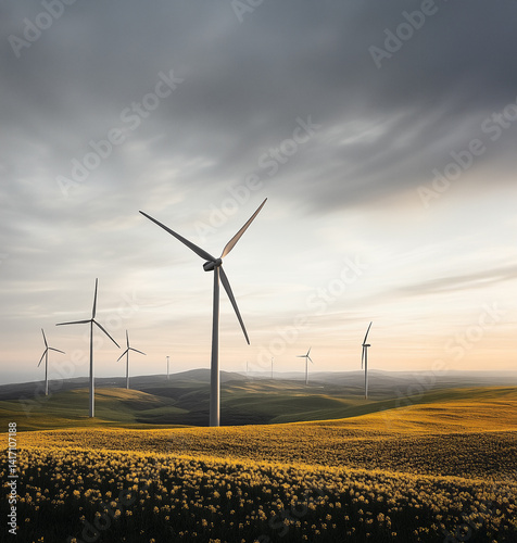 Wind farm on a green hill with modern wind turbines generating clean energy. Wind turbines in the field