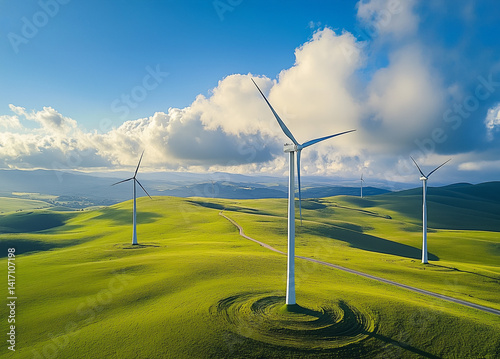 Wind turbines in the field. Clean and renewable energy