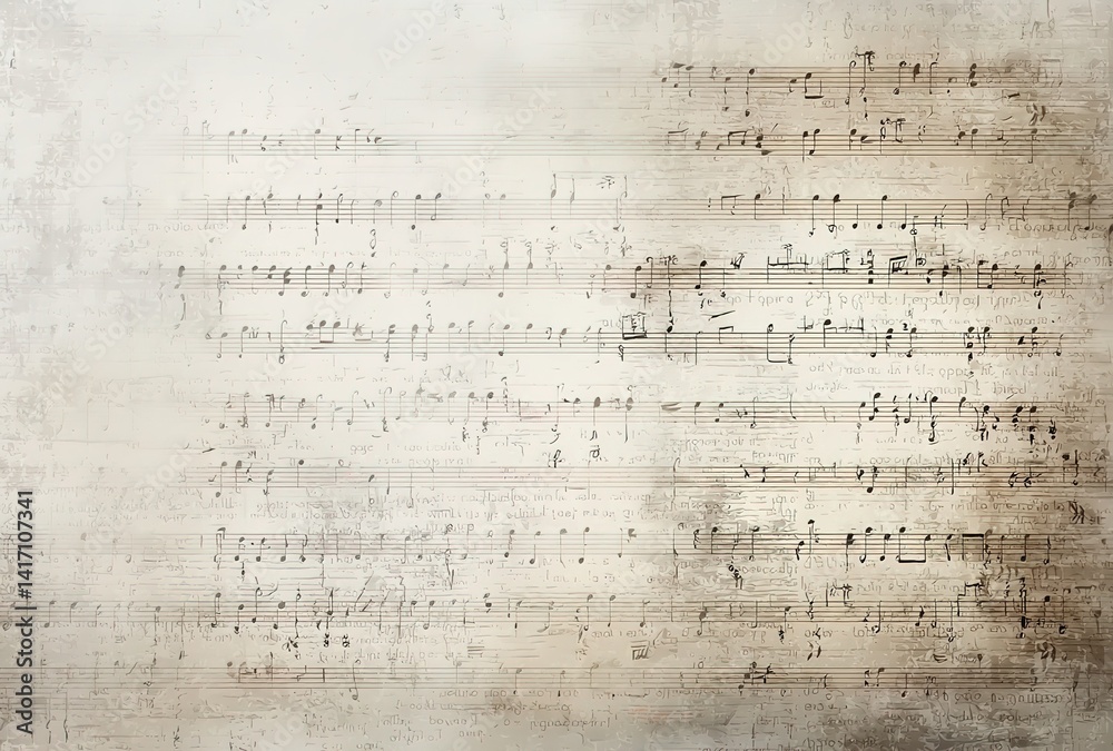 Vintage Music Manuscript. Aged sheet music with staff lines and notes. Used in historical music projects or retro album art. Symbolizes cultural heritage, artistic legacy